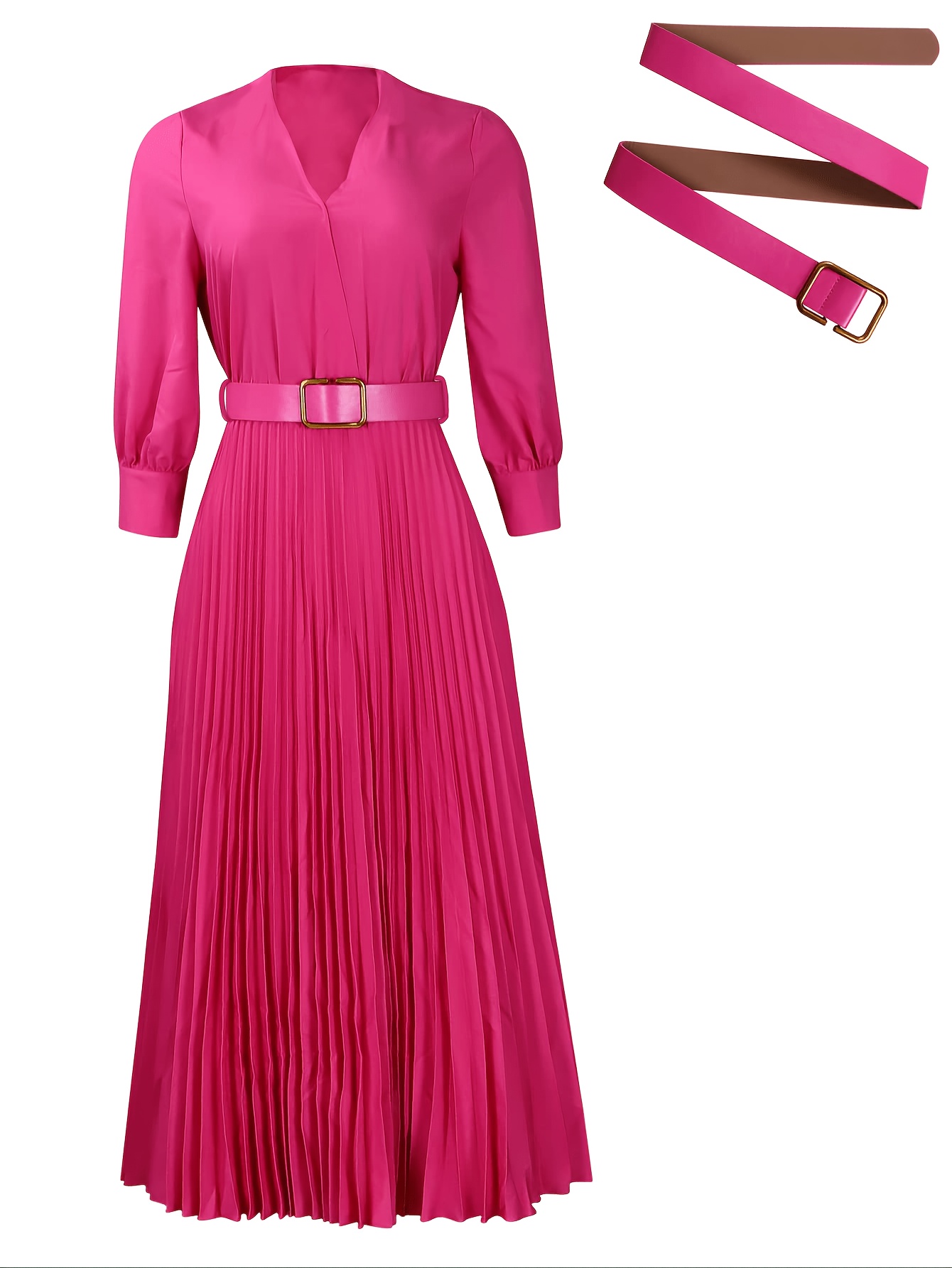 elegant v neck pleated midi dress belt women long sleeve - Temu Mexico