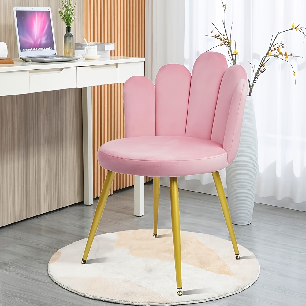 Lot De 2 Chaises Modernes En Tissu Pelucheux - Dossier Fleur, Pieds Dorés - Pour Salon, Chambre, Salle à Manger - Rose