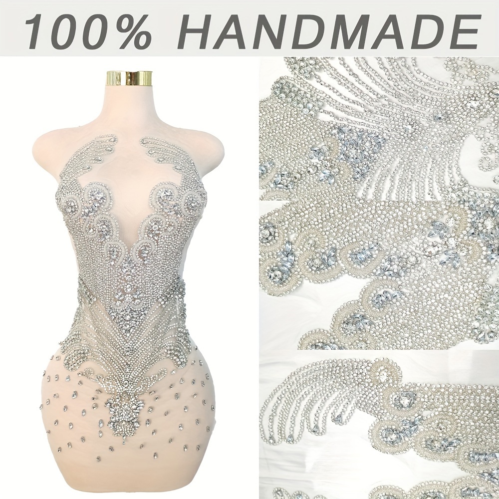 

Handmade Beaded Appliques Embroidered Rhinestone Lace Appliqued Large Bodice Sequin Rhinestones Fine Appliques (l6-silver)