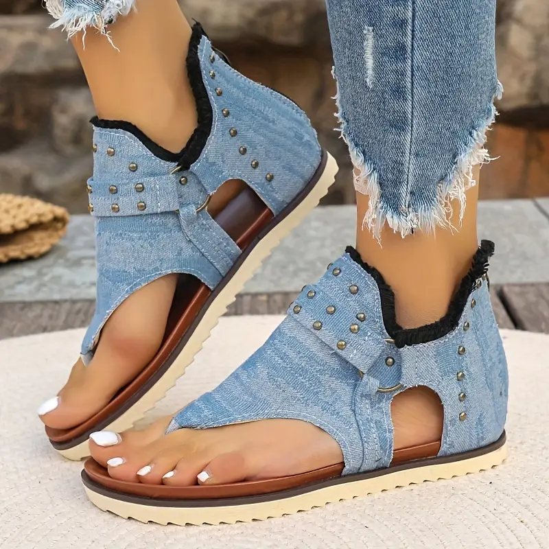 womens summer thong sandals casual flat sandals with denim straps and studded accents breathable canvas for beach wear details 7