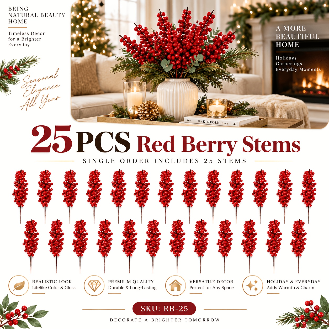 TEMU 25pcs Artificial Branches Christmas Decorations, High Faux Branches , Realistic Decorative Branches, Christmas Tree Wreath , Vase Floral Table