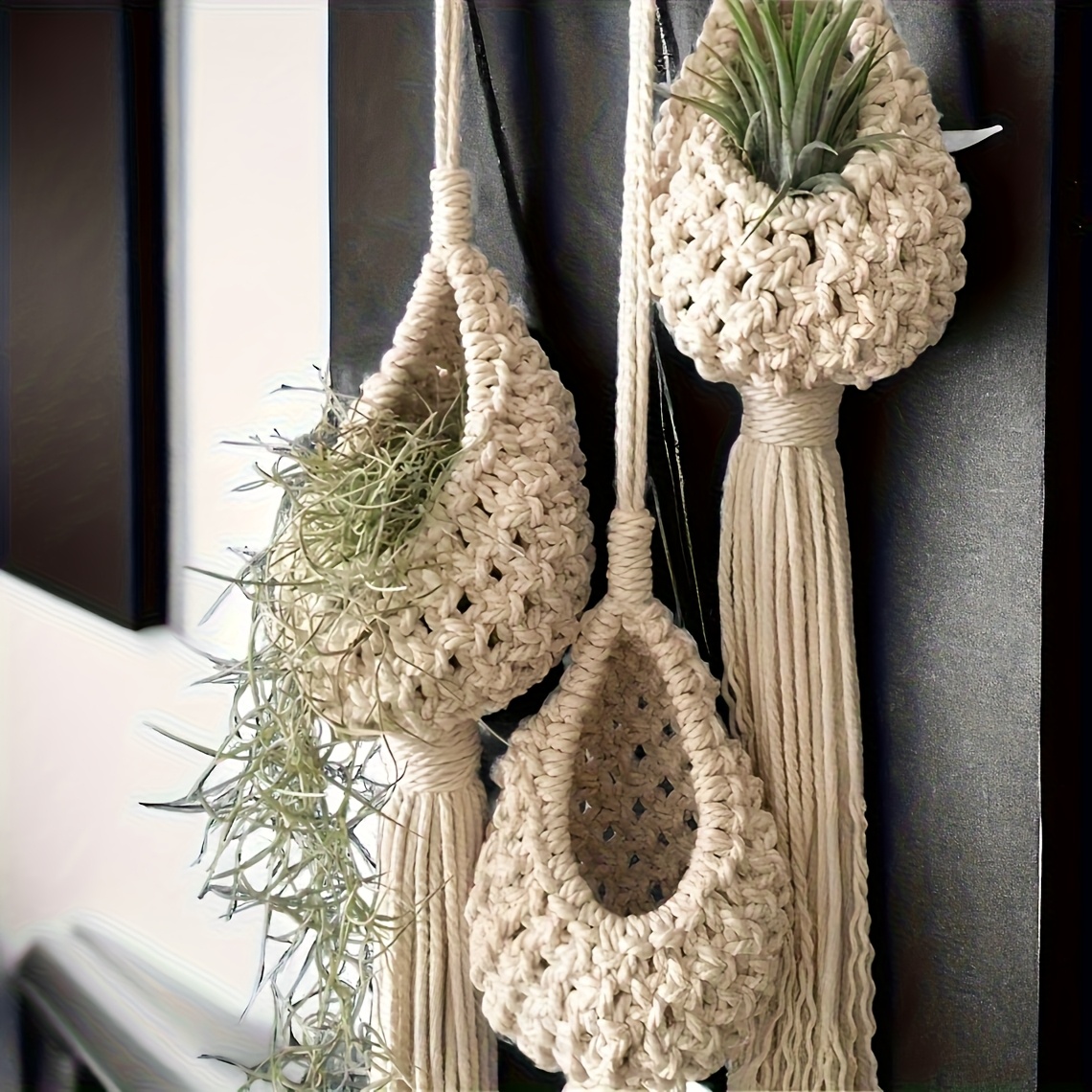 E-shop Macrame Pflanzenaufhänger, handgewebter, tropfenförmiger Garten-Dekor-Anhänger, Wandhänge-Organizer im Boho-Stil für Luftpflanzen, 1/3-teiliges