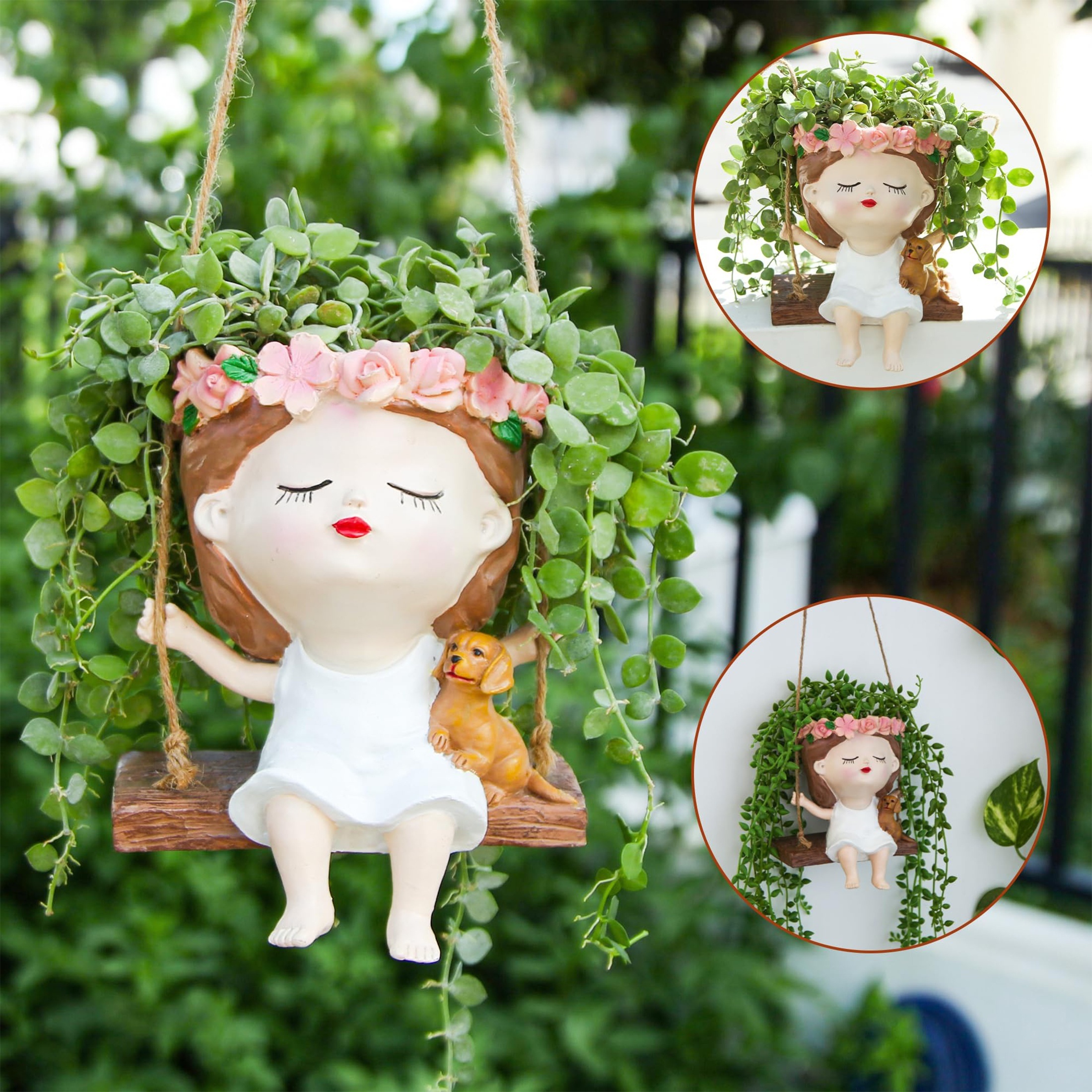 

Charming Swing Face Hanging Planter - Cute Girl Design, Indoor/outdoor Wall Flower Pot With Drainage Holes, White Resin