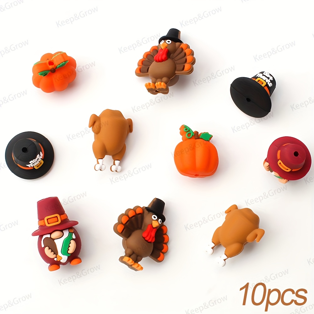 TEMU 10pcs Thanksgiving Day Themed Silicone Beads Gnomes Turkey Beads Perfect For Decoration Jewelry Making Pen Beaded Bag Handmade Diy Keychain