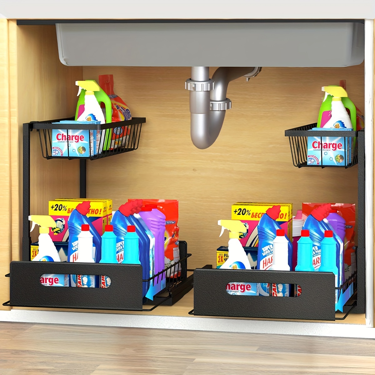 TEMU 2 Pack Under Sink Organizer, Metal Slide Out Sink Shelf Pull Out Cabinet Organizer Shelf, Kitchen Bathroom Organizers And Storage Metal Sliding Drawer, Storage For Home, Laundry Room