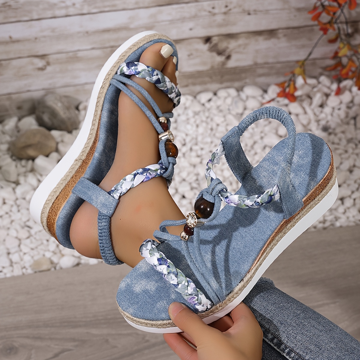 Image of Sky Blue Bohemian Wedge Women's Sports Slippers - Fashionable And Casual, Women Shoes