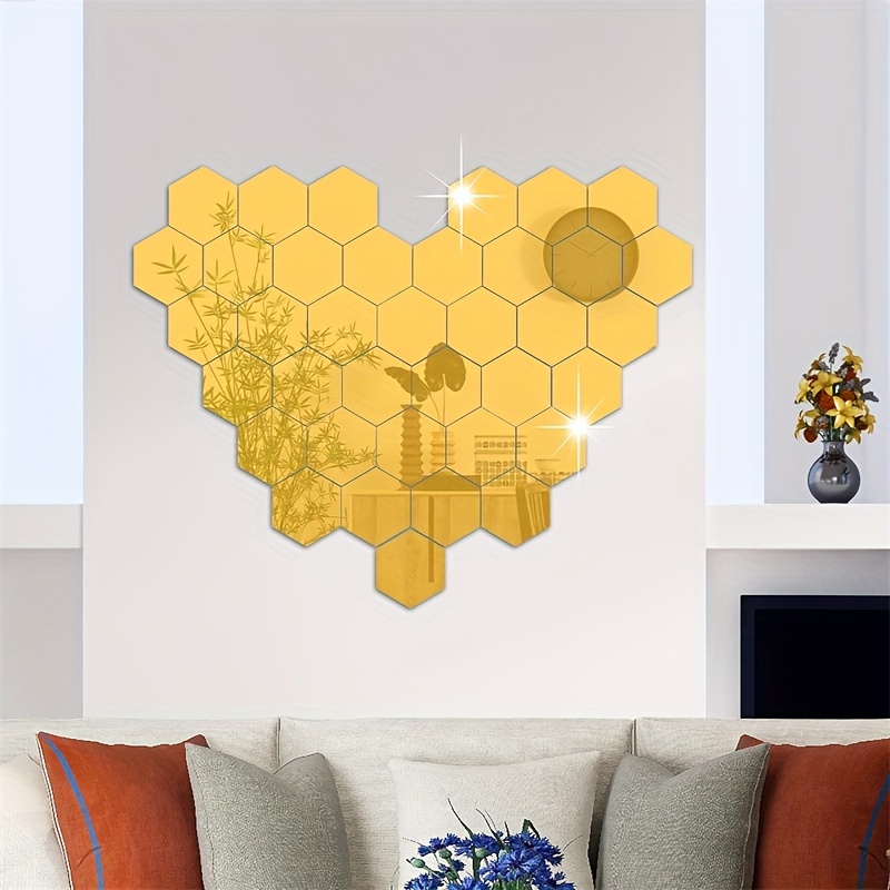 

36pcs Hexagon Mirror Wall Stickers, 3d Geometric Acrylic Golden Removable Self-adhesive Decor, Waterproof Shatterproof Mirror For Living Room, Bedroom, Office, Kitchen, Bathroom Decor