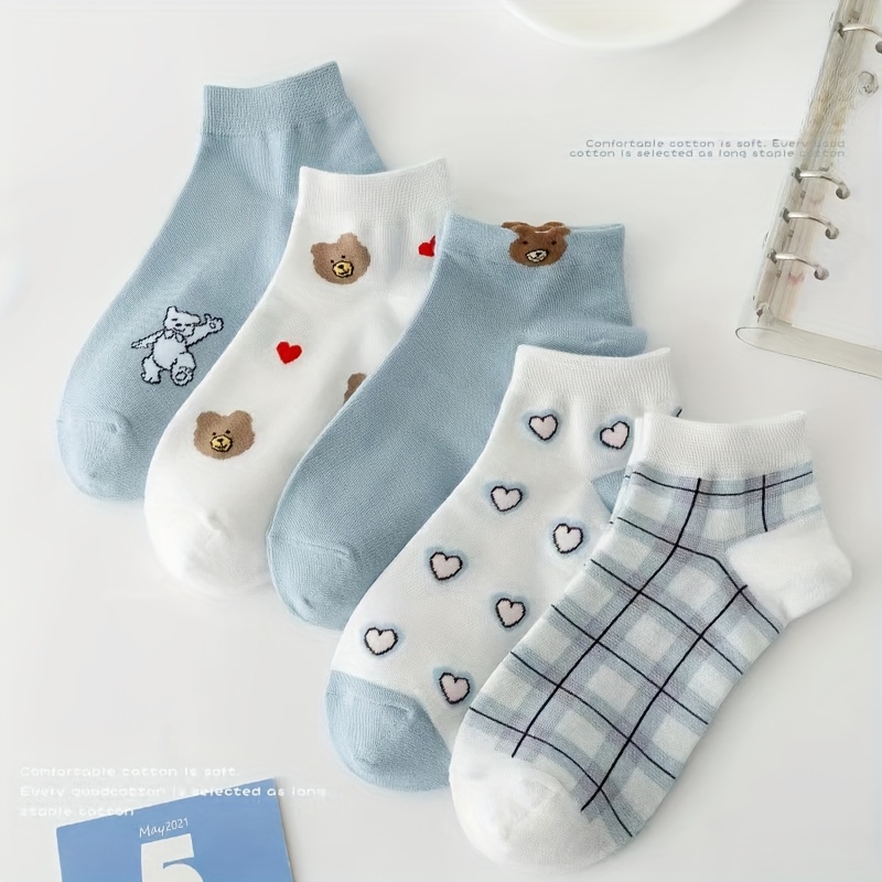 

5 Pairs Cute Bear & Heart Print Socks, Breathable & Comfy Low Cut Ankle Socks, Women's Stockings & Hosiery