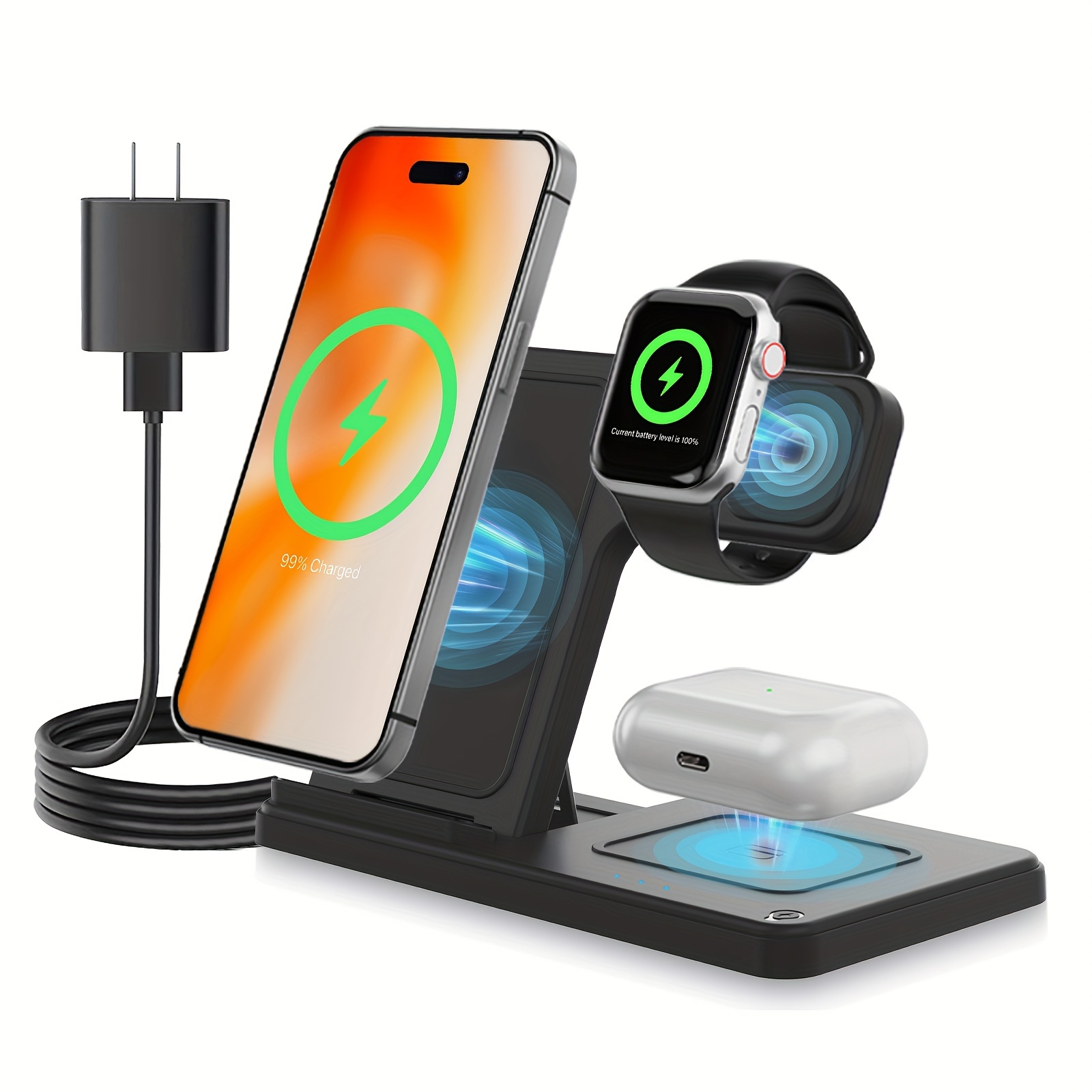   portable 3 in 1 fast wireless charger 15w mag safe foldable wireless charging station suitable for iphone 15 14 pro max 13 12 11 for iwatch 9 8 7 6 5 4 3 2 se for   3 2 pro multiple devices details 0