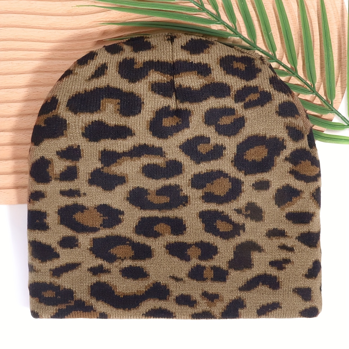 Leopard Print Jacquard Beanie, Streetwear Outdoor Brimless Thermal Leopard Print , Thickened Ear Protection Hat For Autumn/winter , Street Fashion Hip-hop Hat, Unisex Style