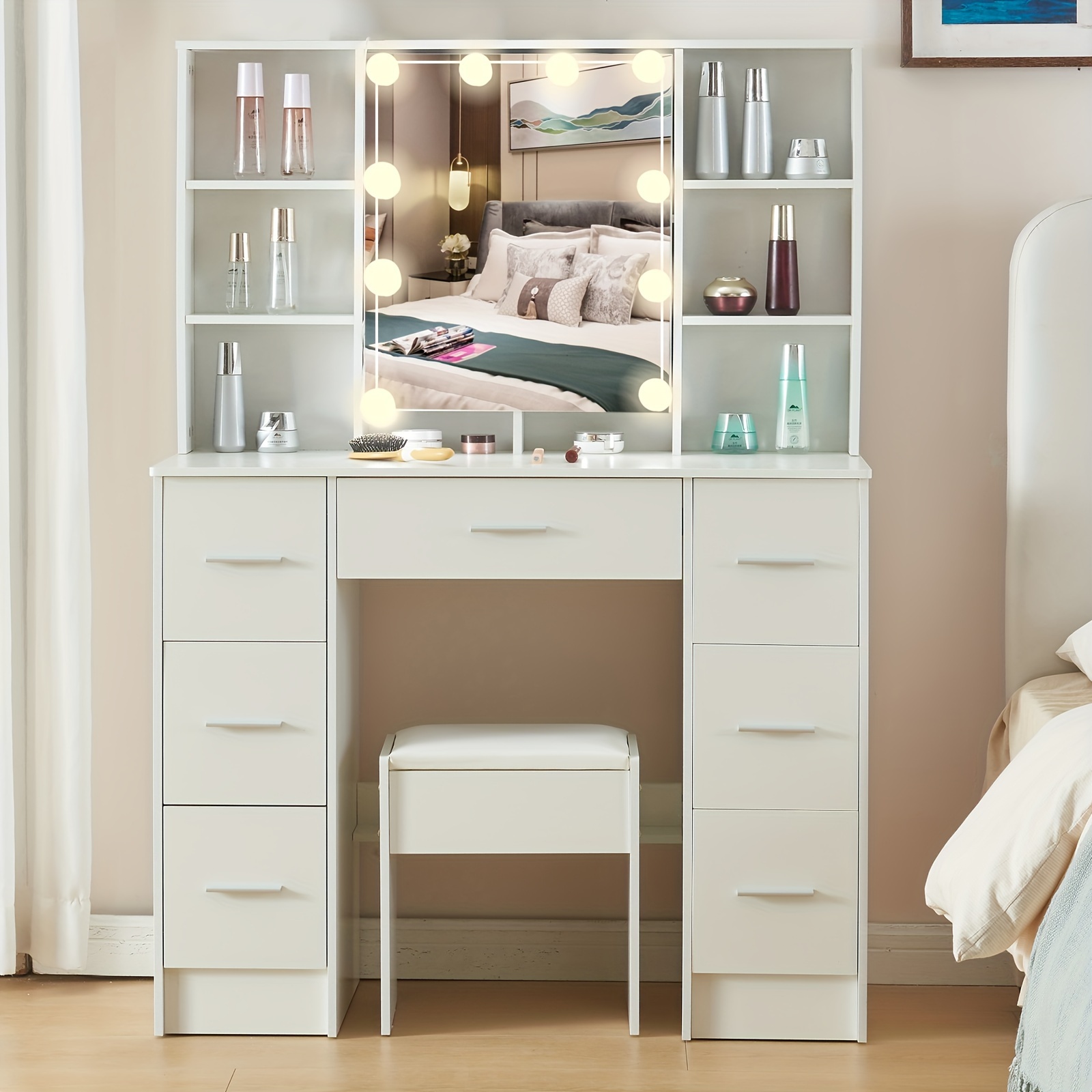 

Dressing Table With Vanity Stool, Makeup Mirror, Drawers, Shelves And 10 Led Lights