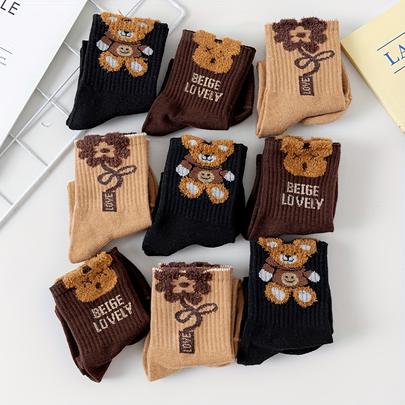 TEMU 9-pair Pack Women's Autumn/winter Socks, Three-dimensional Cartoon Yarn Long Socks, Trendy Versatile College Style Solid Color Mid-calf Socks