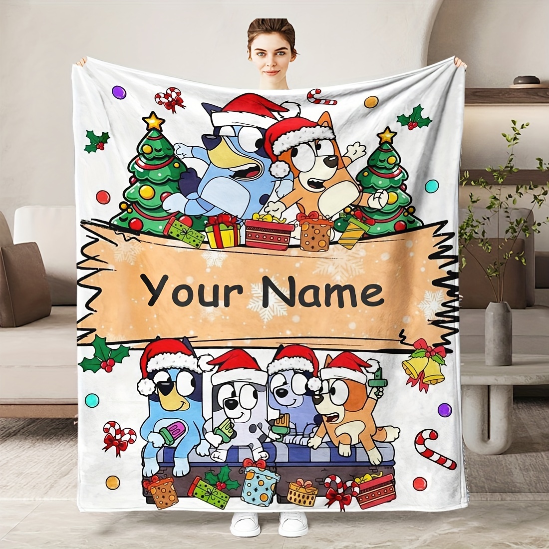 

Customizable Name Flannel Blanket - Anime Dog Print, Reversible, , Machine Washable, Knitted Polyester, Cozy Warm Comfort For Home, Office, Travel - Gift For , Family, Christmas, - 1pc