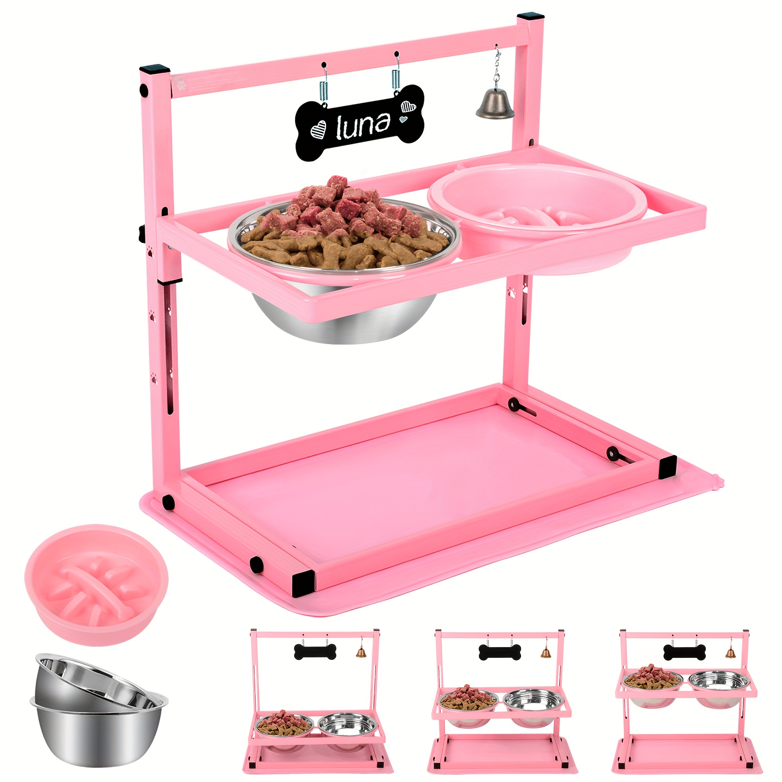 

Pink Adjustable Raised Dog Bowl Stand With 2 1700 Ml Stainless Steel Food Bowls, A Slow Dog Feeder And A Silicone Mat, Metal Dog Feeder, Elevated Dog Bowls For Large Medium And Small Dogs