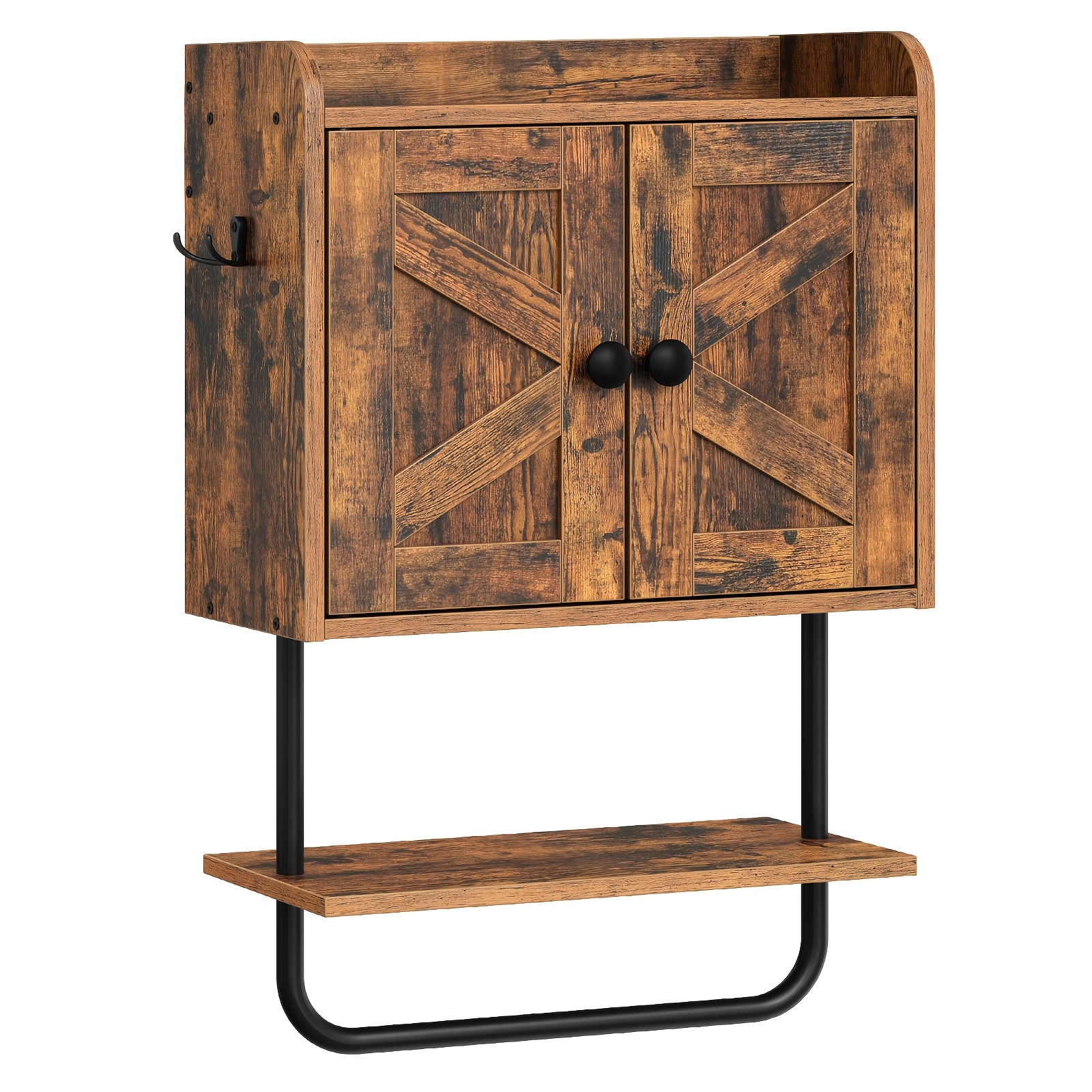 Image of Wall Hanging Bathroom Storage Cabinet With Towel Rack, Industrial Floating Wall Shelving Unit With Enclosed Cabinet And Top Compartment, Space Wall Organizer For Toiletries And Small Items, Shelves