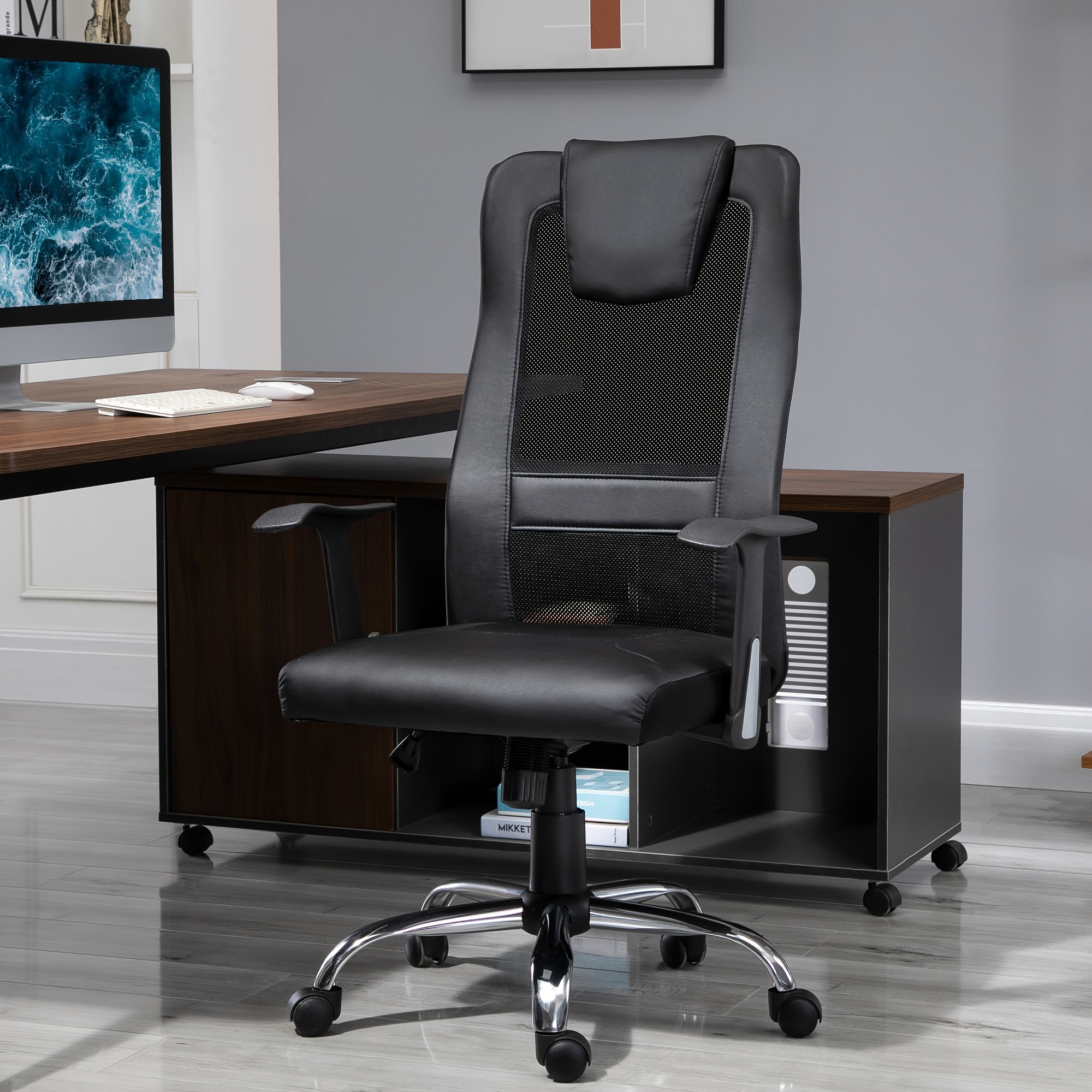 TEMU Siège de bureau haute dos en ergonomique pour ordinateur avec épais et appuie-tête avec accoudoir noir pour