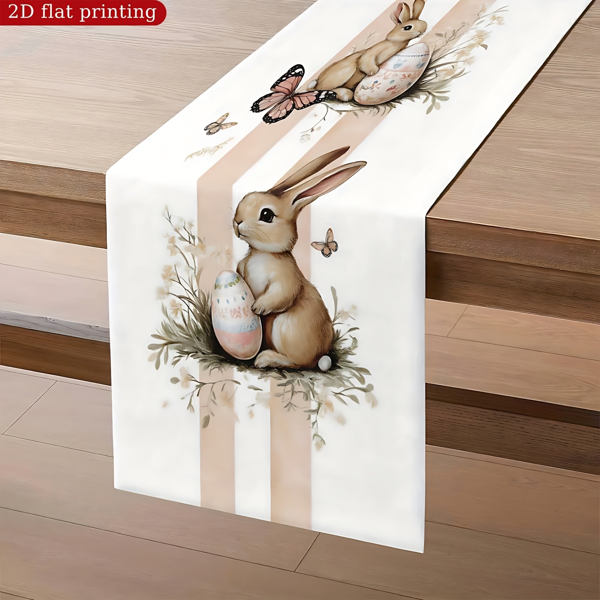 TEMU Pink And White Striped Bunny Egg And Print Table Runner, 2d Flat Printed Polyester Table Runner, Tablecloth, Sweet Easter Theme, Suitable For