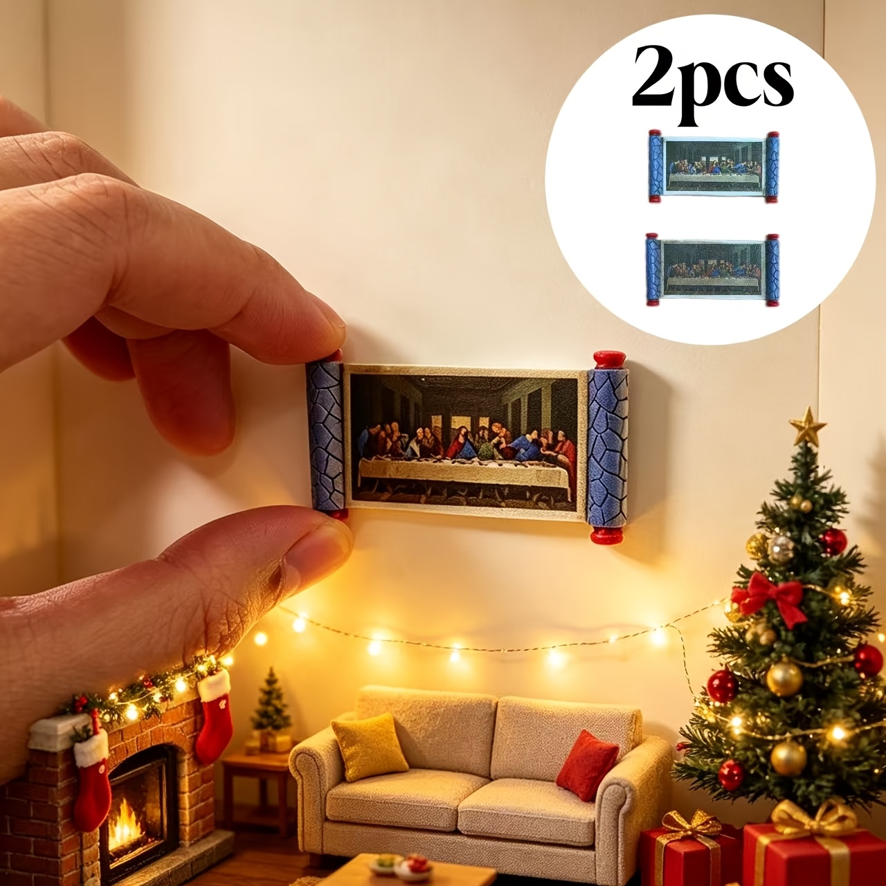 TEMU 2pcs, Last Supper Theme, Dollhouse Decorative Mural Additions, Suitable For 1:12 Scale Miniature Dollhouse Living Room, Bedroom, Etc., Scene