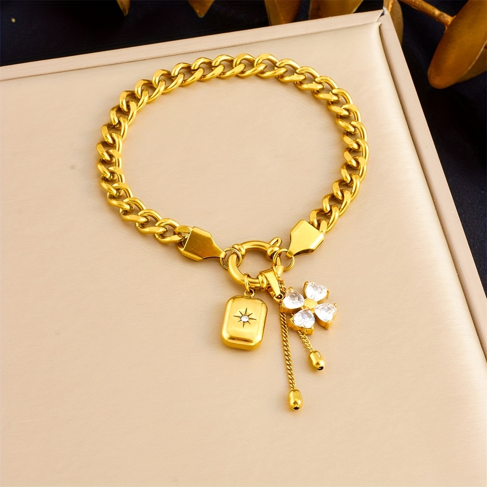 Image of Elegant And Romantic Flower Synthetic Zirconia Pendant For Women Golden Bracelet Made Of Stainless Steel Material Suitable For Daily And Street Wear Elegant And Romantic Gift