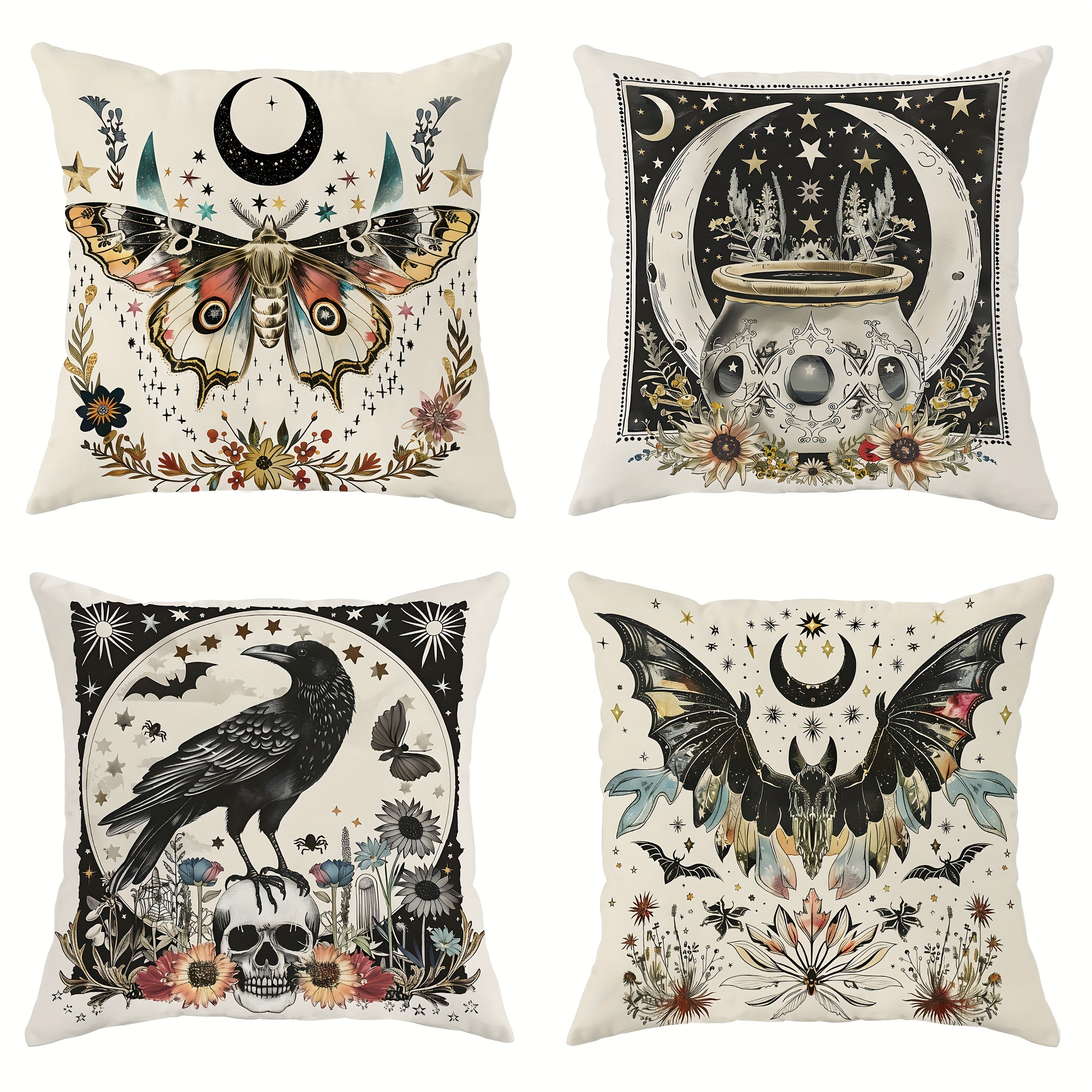 

Vintage Decorative Throw Cushion Covers Set Of 4, Velvet Floral Crucible Crow With Zipper Closure, Machine-washable, For Autumn Home Sofa And Bedroom Decoration, Inserts Not Included