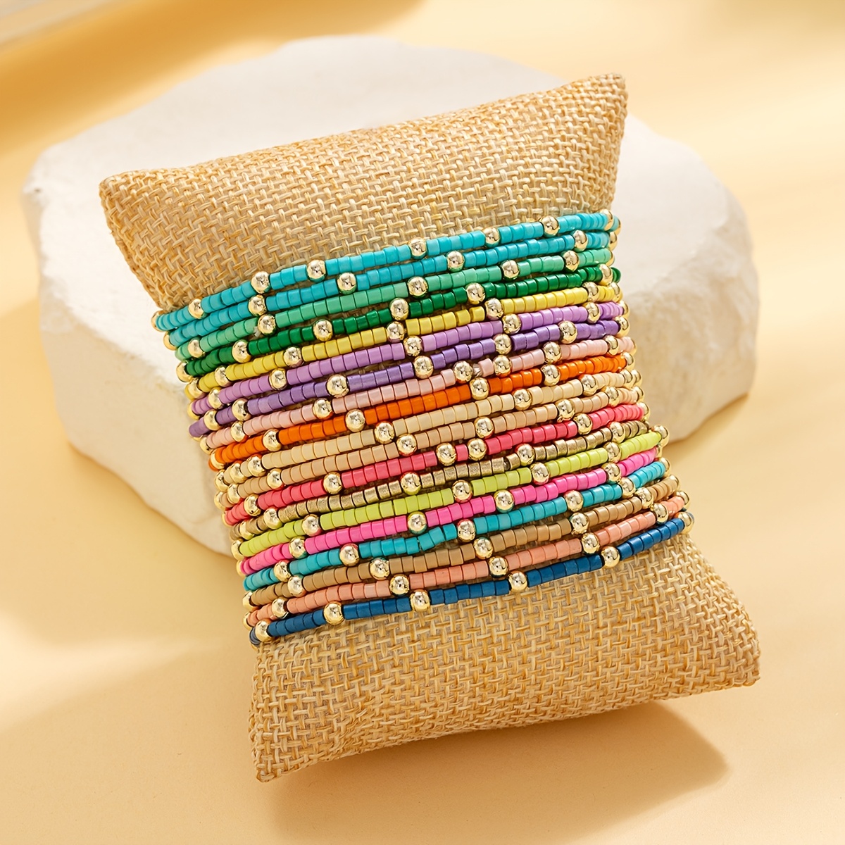 TEMU Bracelet Bohème Transfrontalier Coloré avec Perles de Riz, Style Vacances , Perles CCB, Bijoux Polyvalents, 19 Pièces de Couleurs Aléatoires
