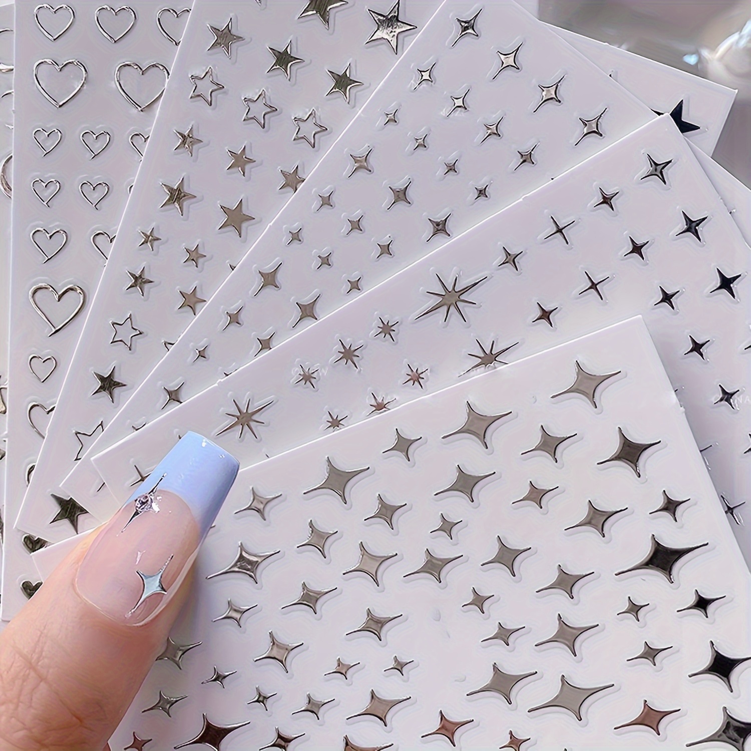 

5 Sheets Self-adhesive Star Nail Art Stickers - Glossy 3d Silver Glitter Nail Decals, Space-themed Oblong Plastic Nail Embellishments, Single Use Embroidered Diy Decorations For Nails & Crafts