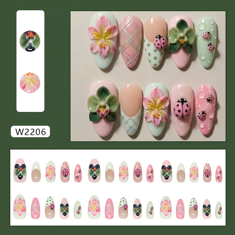 TEMU 3D Matcha Lilie Süße Marienkäfer Western Stil Abnehmbare Nagelkunst 30 Stück Jelly Kleber