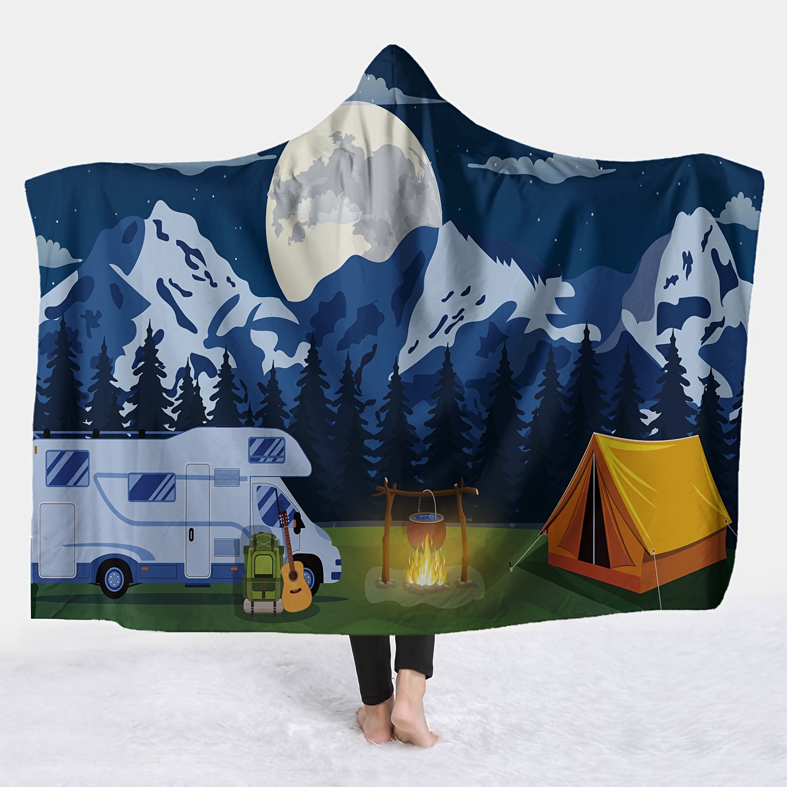 

1pc Camping Pattern Hooded Blanket Nap Wearable Blanket Magic Blanket Hooded Cape Cozy Warm Soft Blanket For Sofa Office Bed And Travelling