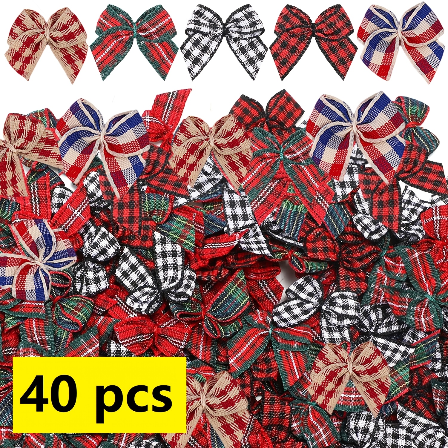 TEMU 40 Mini Grid Ribbon Bow Bulk Pack - Multiple Grid Patterns (red/green//blue) 1-inch Handmade Bow, Random Color Designs, Suitable For Christmas