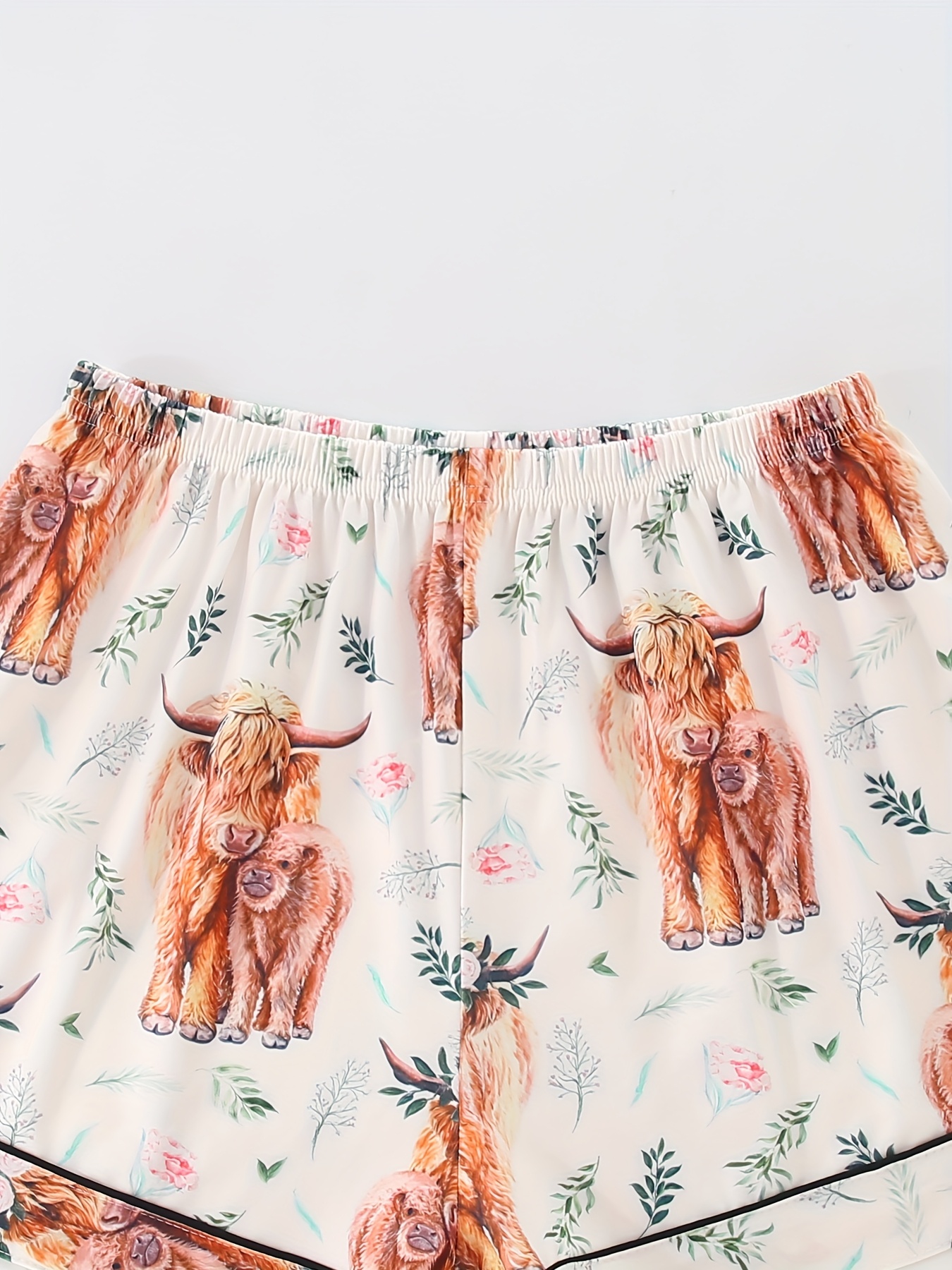 womens pajama set cute cartoon animal cow   casual lapel top with elastic waist shorts and long pants     wearable   and pocket details   adult sleepwear home outfit Product details 5