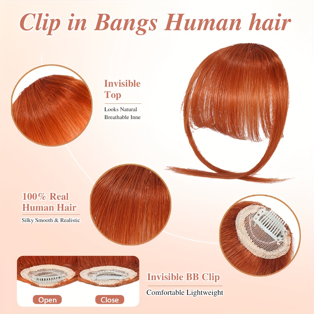   clip in bangs natural looking wispy human hair fringe with tempered hairpieces for women orange color straight style for daily wear elegant hairpiece daily wear hairpiece sleek hairpiece   hairpiece details 2