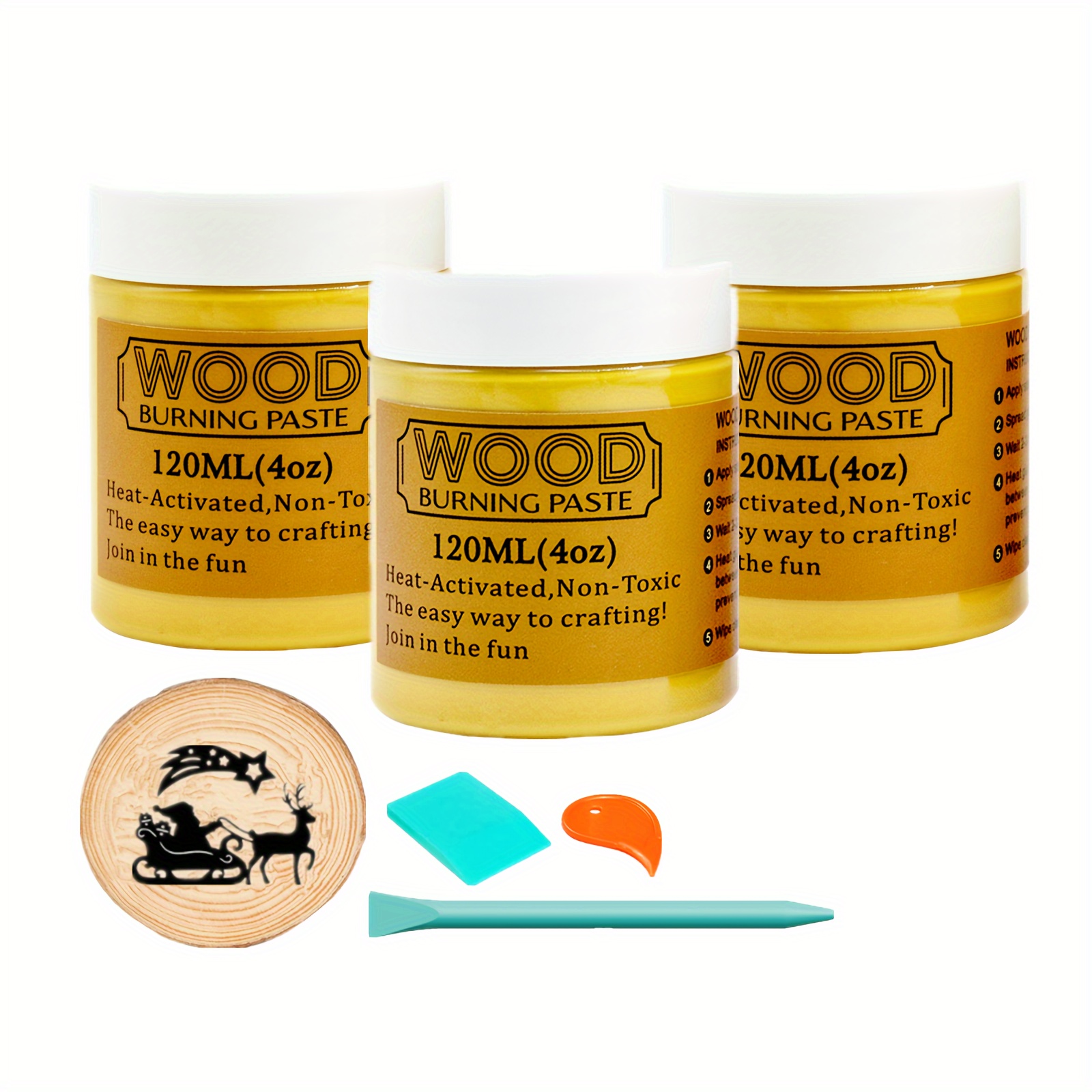 

5pcs Wood Burning Gel Kit, 3 Jars 4 Oz/118ml Wood Burning Paste With 2 , Etching Cream Non-toxic Heat Activated Paste For Crafting & Stencil, Burn Designs On Wood Slice, Canvas, Diy Art Crafts