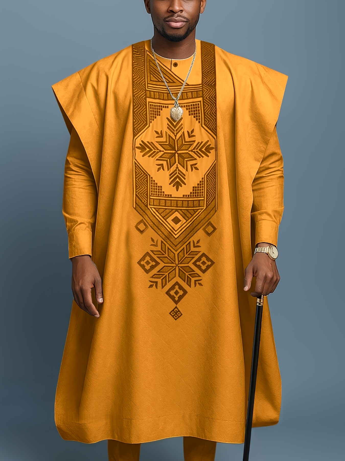 Men'S Three-Piece Agbada Set Featuring Embroidery, Pockets, And a Loose, Flowing Silhouette; Includes a Robe, Shirt, And Drawstring Elastic Waist Long Pants, Suitable for Everyday Events Like Cocktails, Weddings, Parties, Banquets, Birthdays
