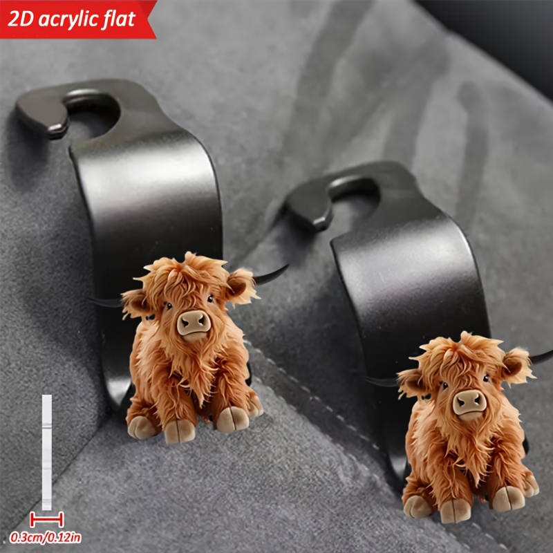 TEMU 2d Flat 2pcs Set - Cute Highland Cow 2d Car Seat Hooks, Hidden Rear Seat Storage Hooks, Acrylic Multifunctional Car Additions For Organizing