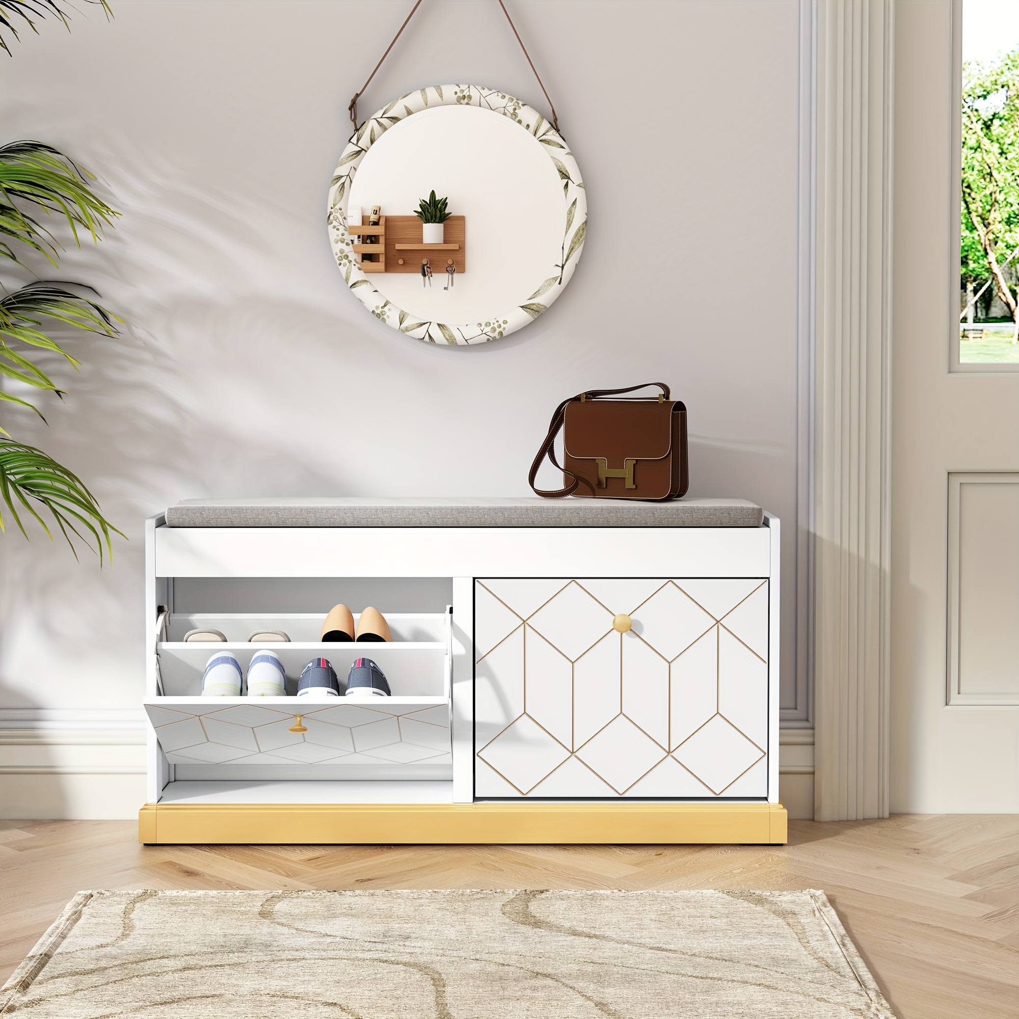 Image of Holtico Shoe Cabinet Shoe Rack With 2 Drawers And Padded Seat, Living Room, Shoe Rack, Hallway Cabinet With Shoe Storage For , White