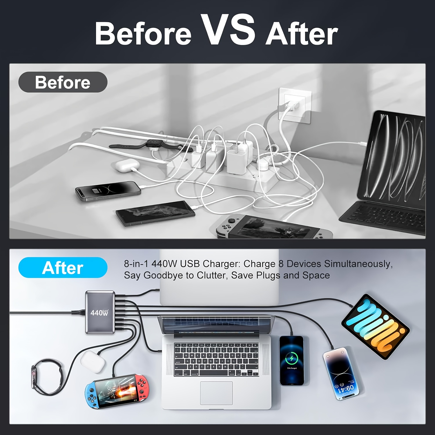 1pc 440W Multi-Port Charger 8-Port 3A+5C Multi-Purpose Charger for Mobile Phones and Electronic Devices, Indoor Miscellaneous Cord Disposal, Keep Your Desktop Tidy Round Fashion Style, Multi-Port Car Phone Charger