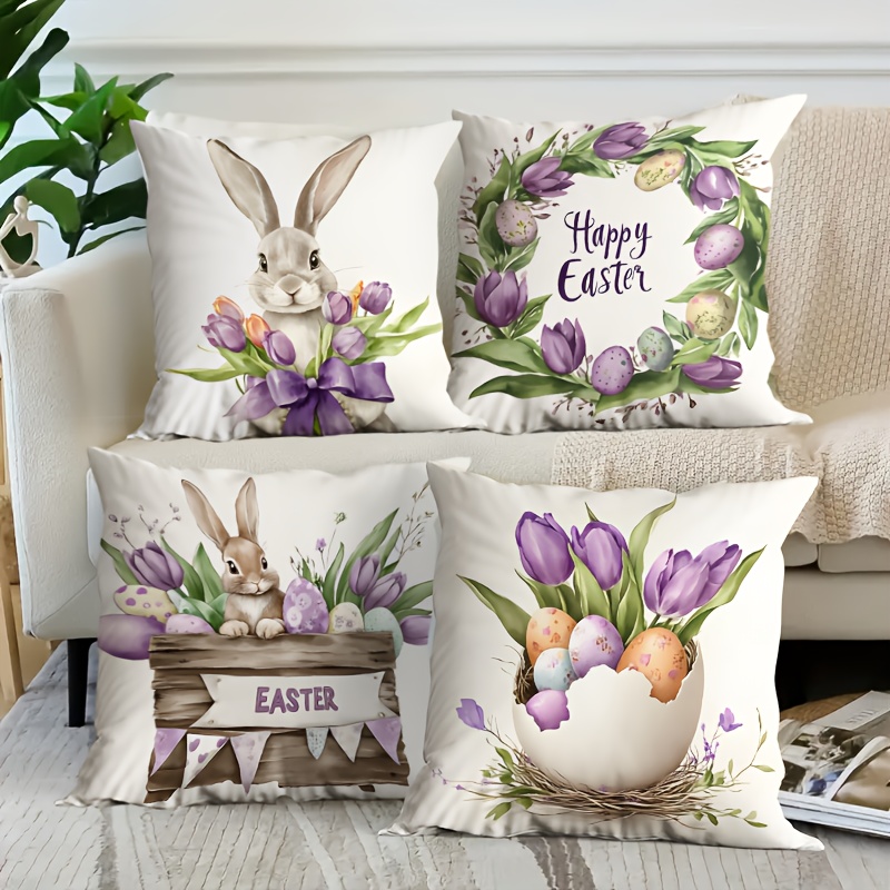 

4pcs Easter Bunny Purple Wreath Egg Case, Festivals And Parties, Country Style, Zipper Single Side Printed Machine Washable Pillow Case, Home Sofa Bedroom Decor