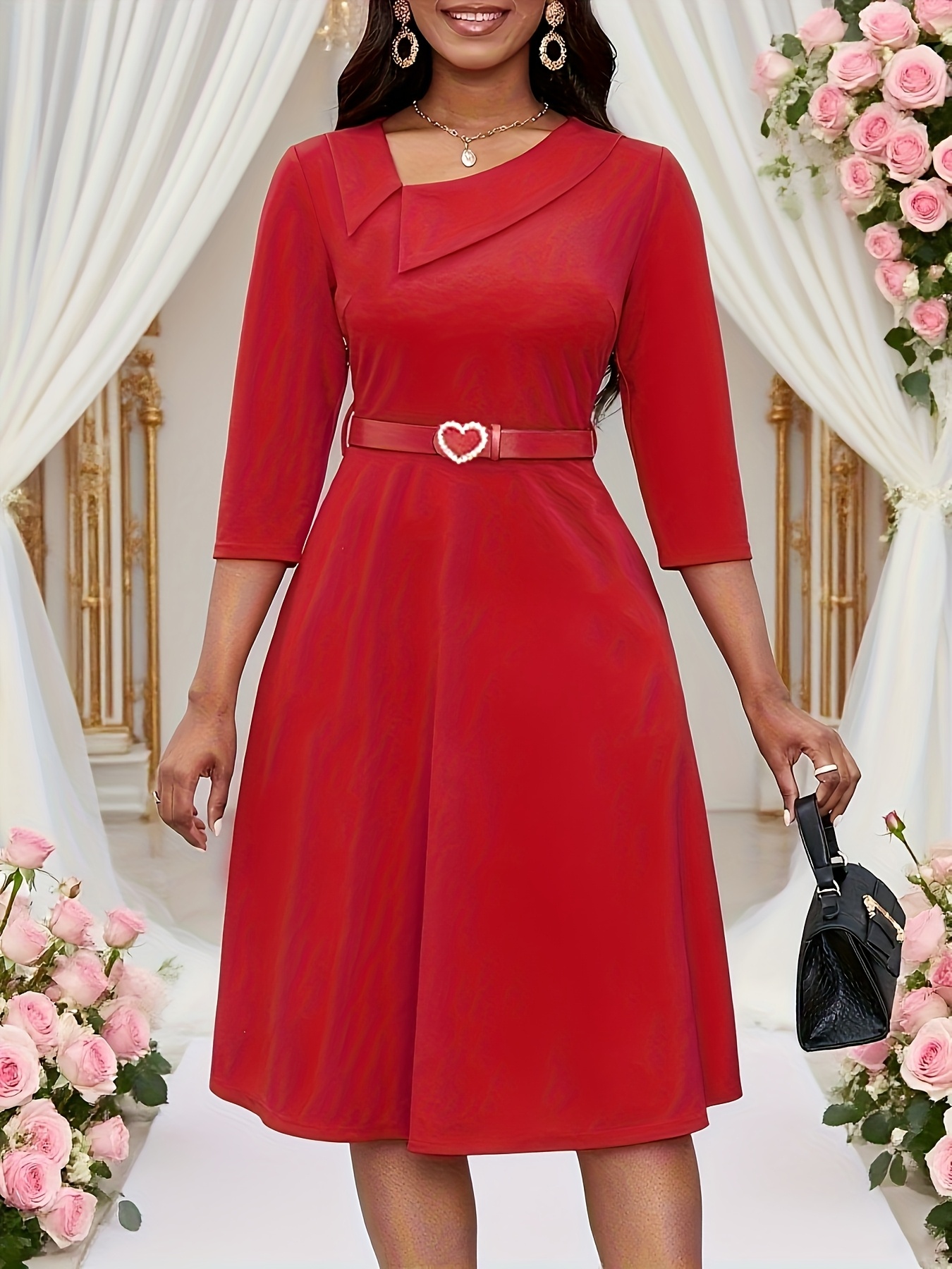 An Elegant Long Dress with a Diagonal Small Collar And a Flowing Skirt, Featuring a Unique Off-Shoulder Pleated Design, 3/4 Sleeves, And Details, Suitable for All Seasons