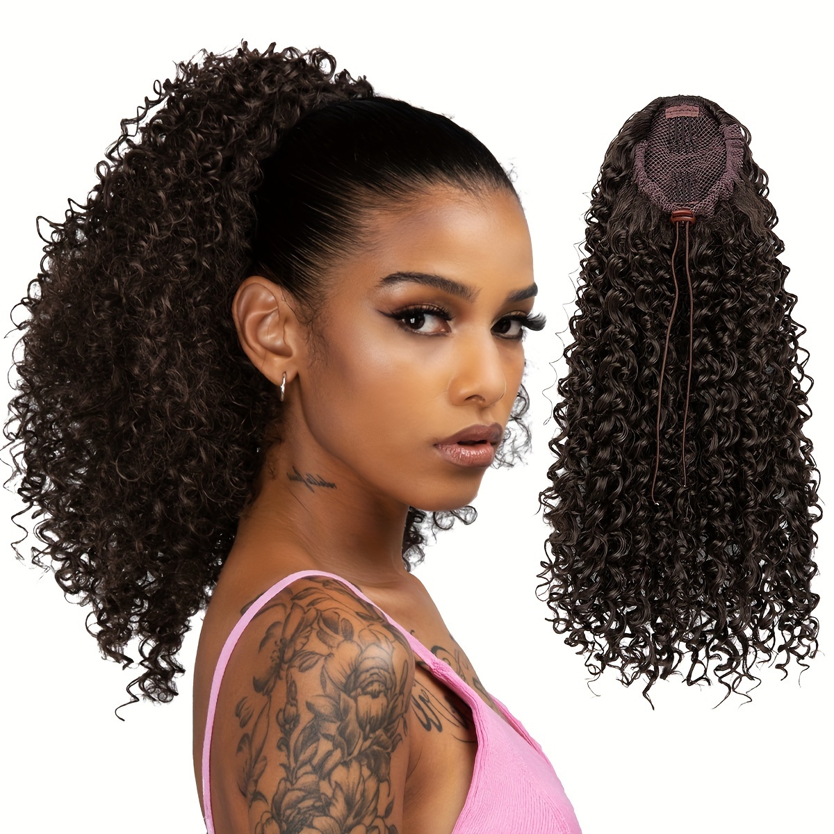   drawstring ponytail extension for women 16 inch synthetic clip in wavy pony tail details 1