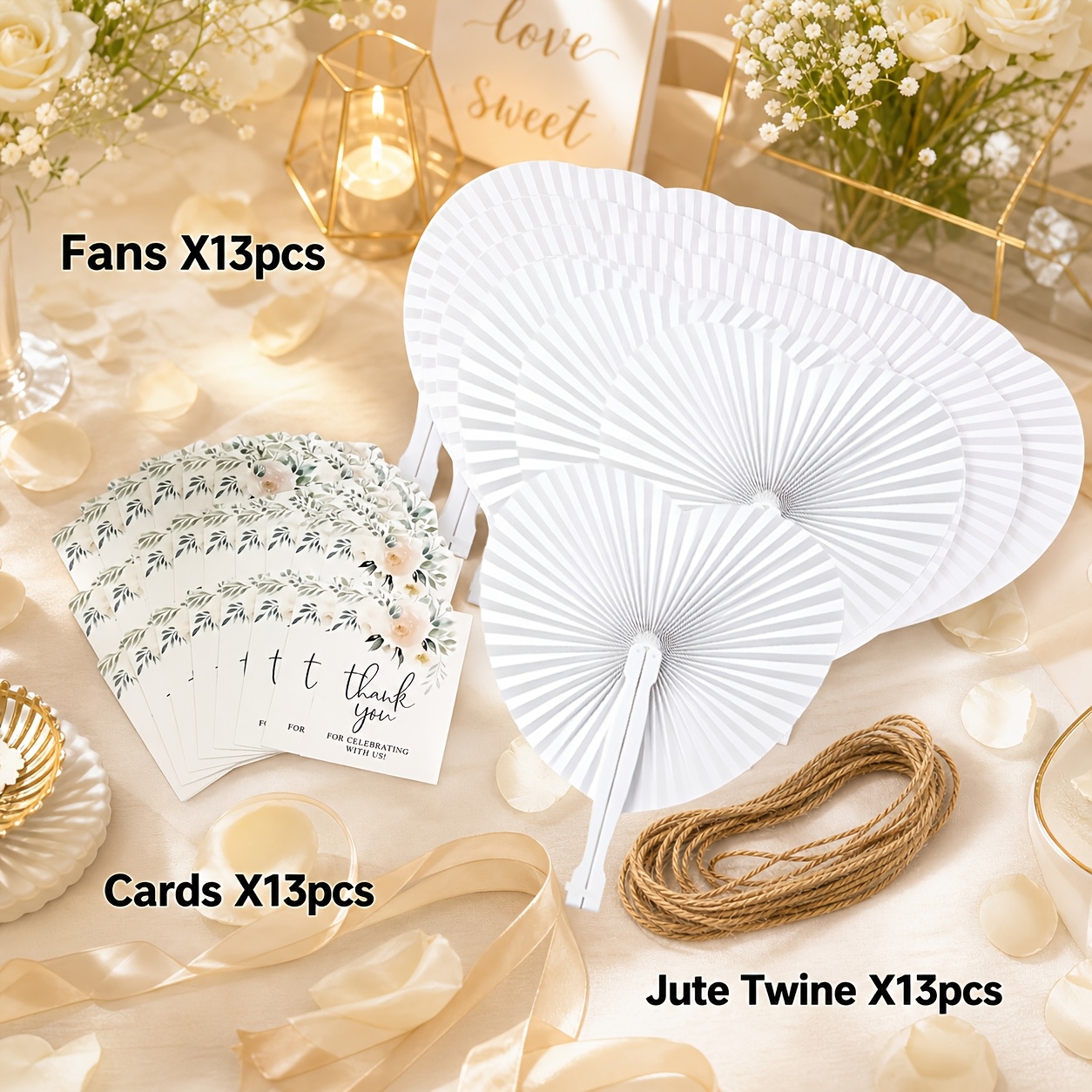TEMU 39pcs Complete Set Including 13 Fans, Customizable White Heart Origami Fan Set With Thank You Card And , Complete Gift Set With Fans, Suitable