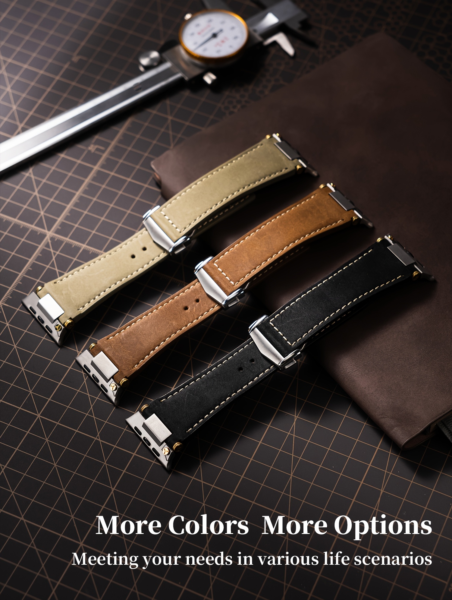Handmade Wild Horse from Cowhide Is Suitable for iWatch S11/ Ultra3. It Features a Stainless Steel Folding Buckle and a 316L Stainless Steel Connector with Golden Studs.
