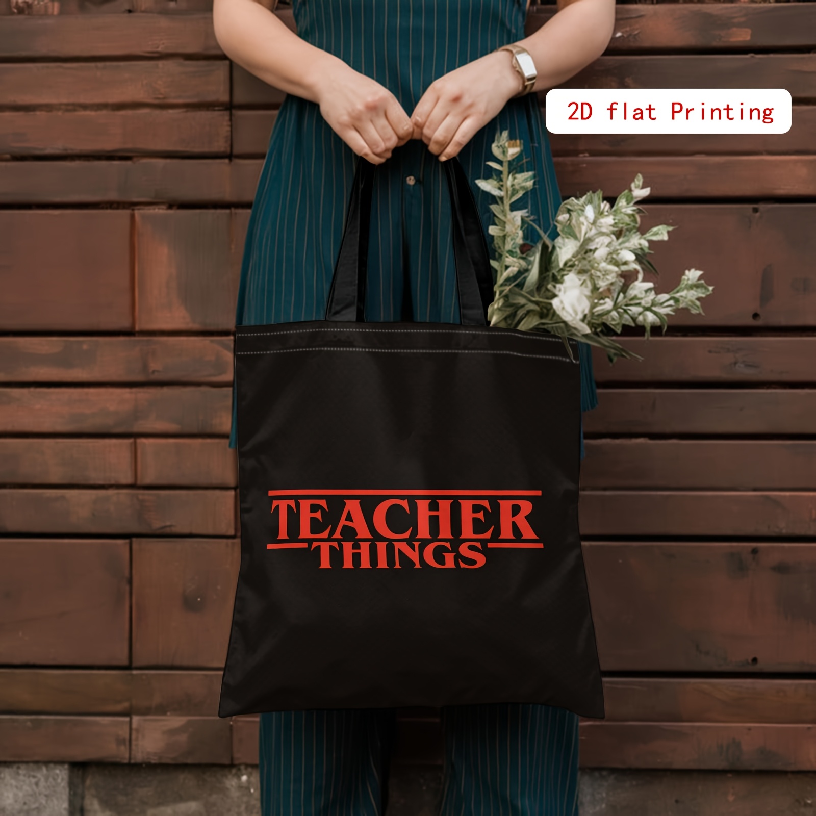 TEMU Borsa Tote Stampata in 2D con Scritta "Teacher Supplies", Sfondo , Testo . Borsa a Spalla Riutilizzabile, Borsa della Resistente Senza ,