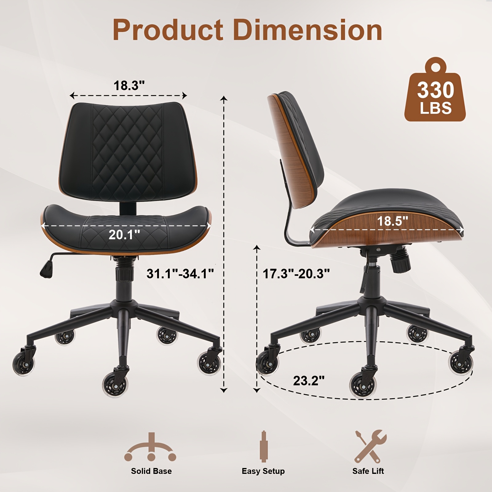 Armless Home Office Executive Chair, Desk Chair with Low Back Lumbar Support, Ergonomic Computer Desk Chair with 360° Swivel Wheels for Adult Work And Study, Black/Beige/Brown