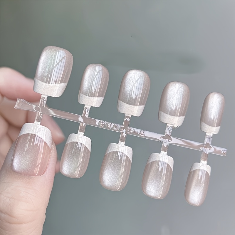 48pcs Nude Pink Base With White French Tip Cat Press-on Short Square Artificial Nails Fashionable Elegant Light…: retailer-supplied image