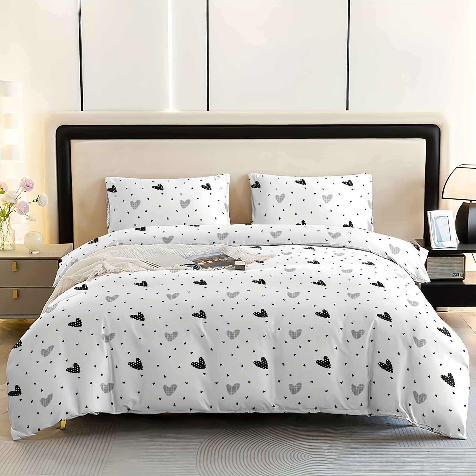 TEMU 3pcs And White Heart Duvet Cover Set (1 Duvet Cover + 2 Pillowcases, No Filling) For Twin/full/queen/king Size Bed, Soft Light Beige-friendly ,