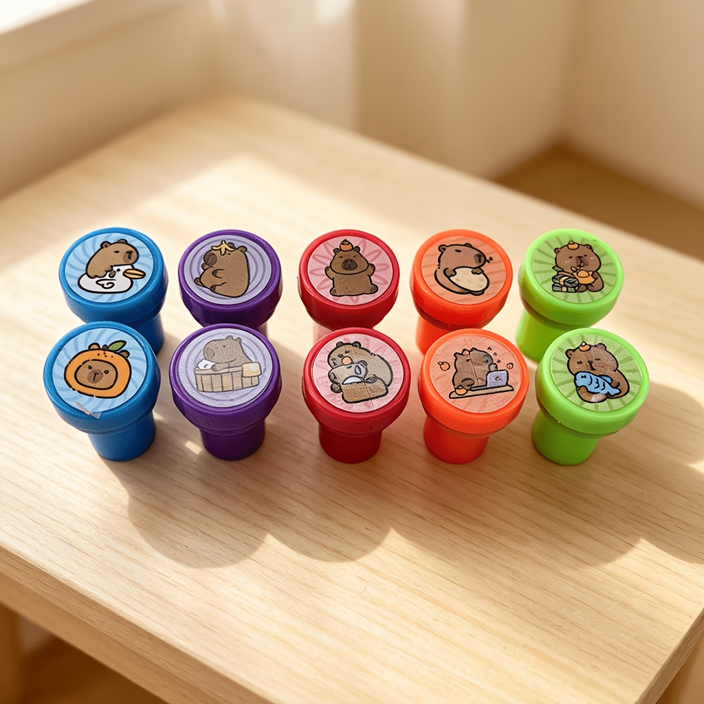 Image of 10pcs Cute Capybara Self-inking Stamps, Assorted Kawaii Capybara Themed Stamps, Birthday Party Favors, Gift Bag Fillers, Educational Toys, And Classroom Rewards