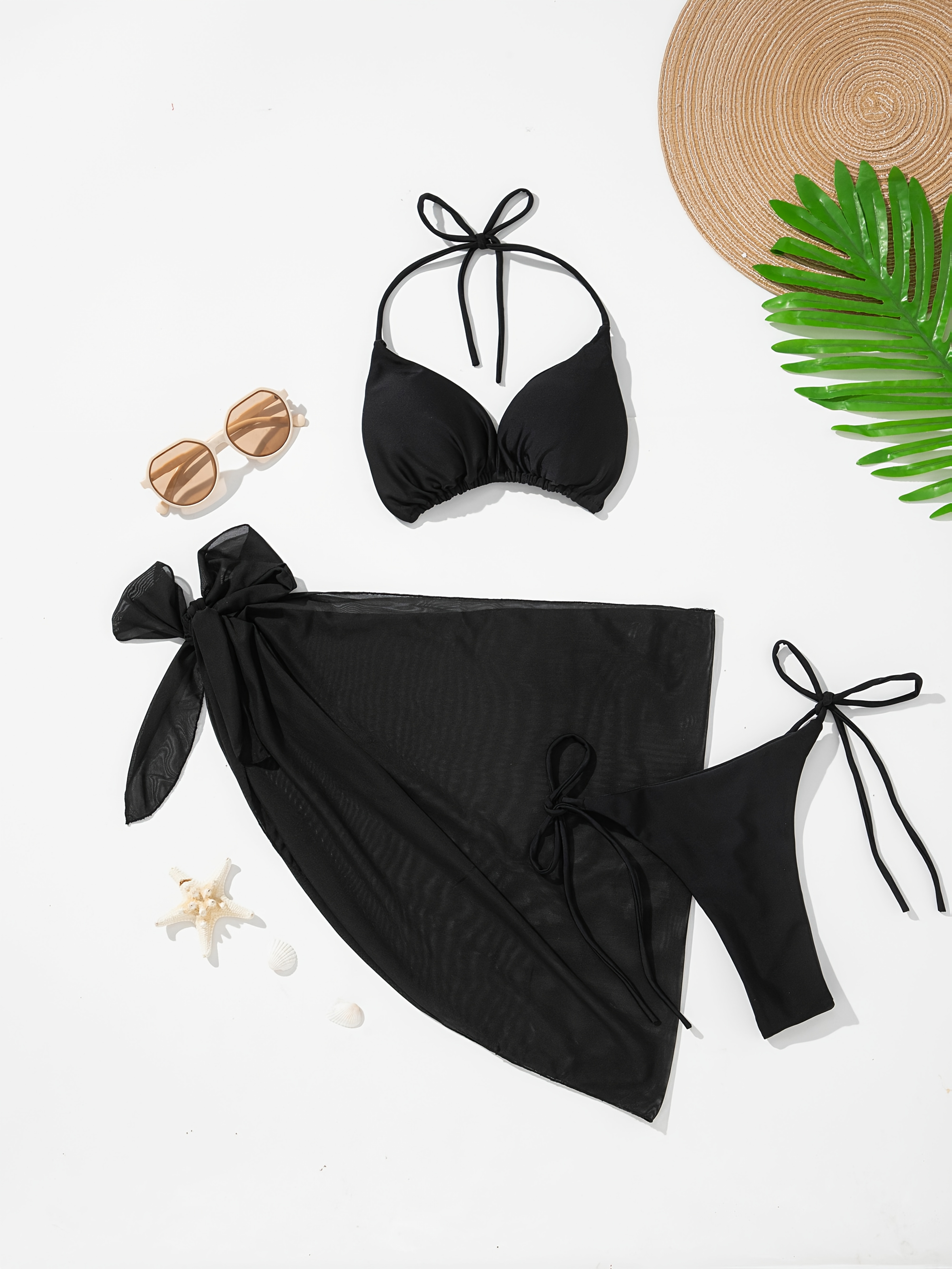 Elegant Black Three-Piece Bikini Set for Women - Sexy Halter Neck, High-Waisted Bottom & Tie-Dye Apron, Stretchy Polyester Fabric, Perfect for Poolside & Beach Wear