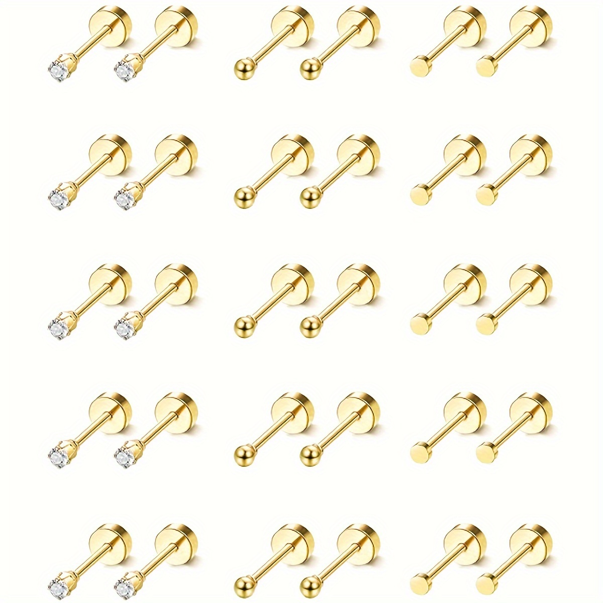 E-shop 15 Paar kleine Ohrstecker aus Chirurgenstahl für Damen und Herren - Hypoallergenes Set mit CZ-Punktekugel-Ohrsteckern - Basic-Stil, kleine 2 mm