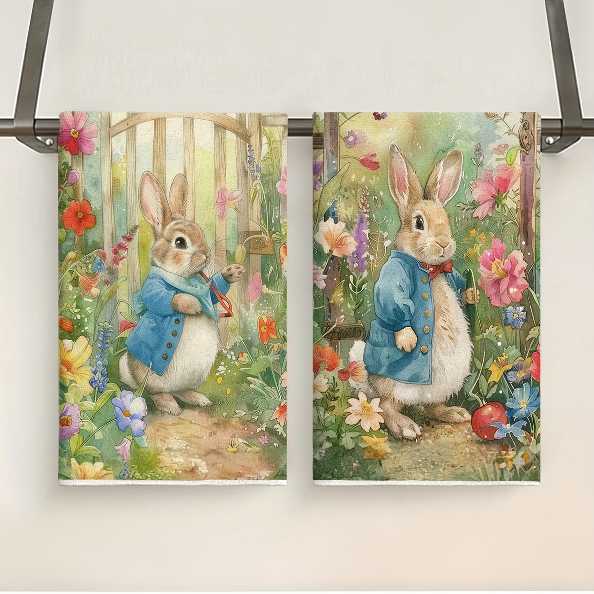 

2-pack Cartoon Rabbit & Floral Kitchen Towels - , Absorbent Microfiber Hand Dish Cloths, Machine Washable, Modern Knit Fabric Dish Towels For Drying & Decor