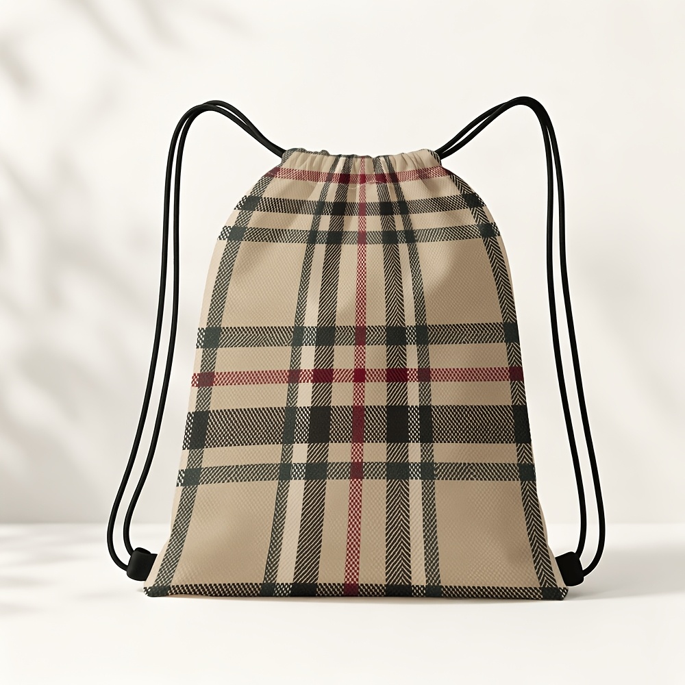 TEMU Borsa a sacco con coulisse: Classica beige con motivo a quadri e rossi, chiusura a coulisse. Adatta per palestra//allenamento/viaggio/ciclismo,